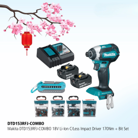 Makita 18V Li-Ion C/Less Impact Driver 170Nm + Bit Set DTD153RFJ-COMBO