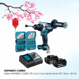 Makita 18V Li-Ion Carbon Less Hammer Driver Drill 13mm + Bit Set DHP486RTJ-COMBO